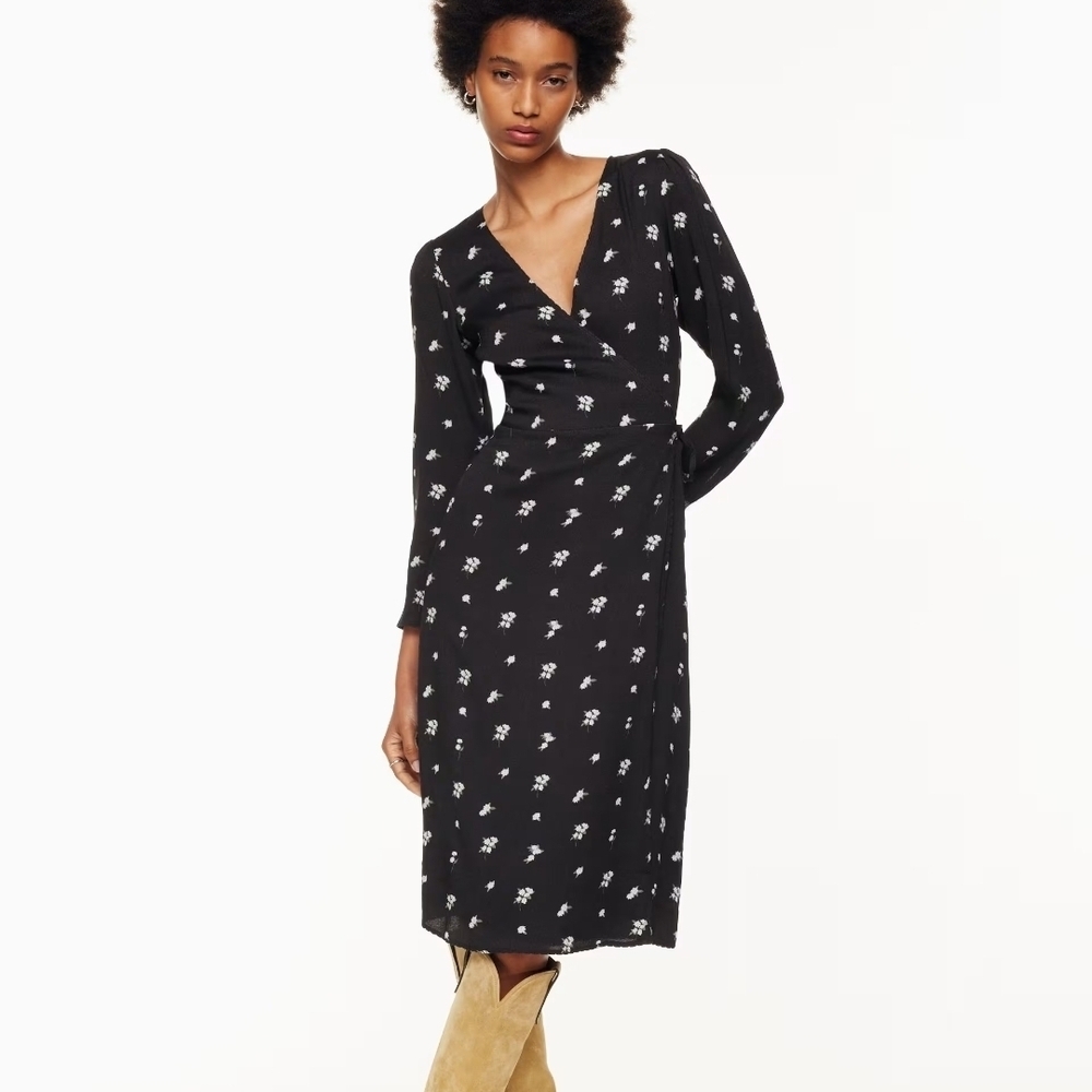 Aritzia Wilfred Once Midi Dress Black Floral Wrap Long Sleeve Crepe Effortless M